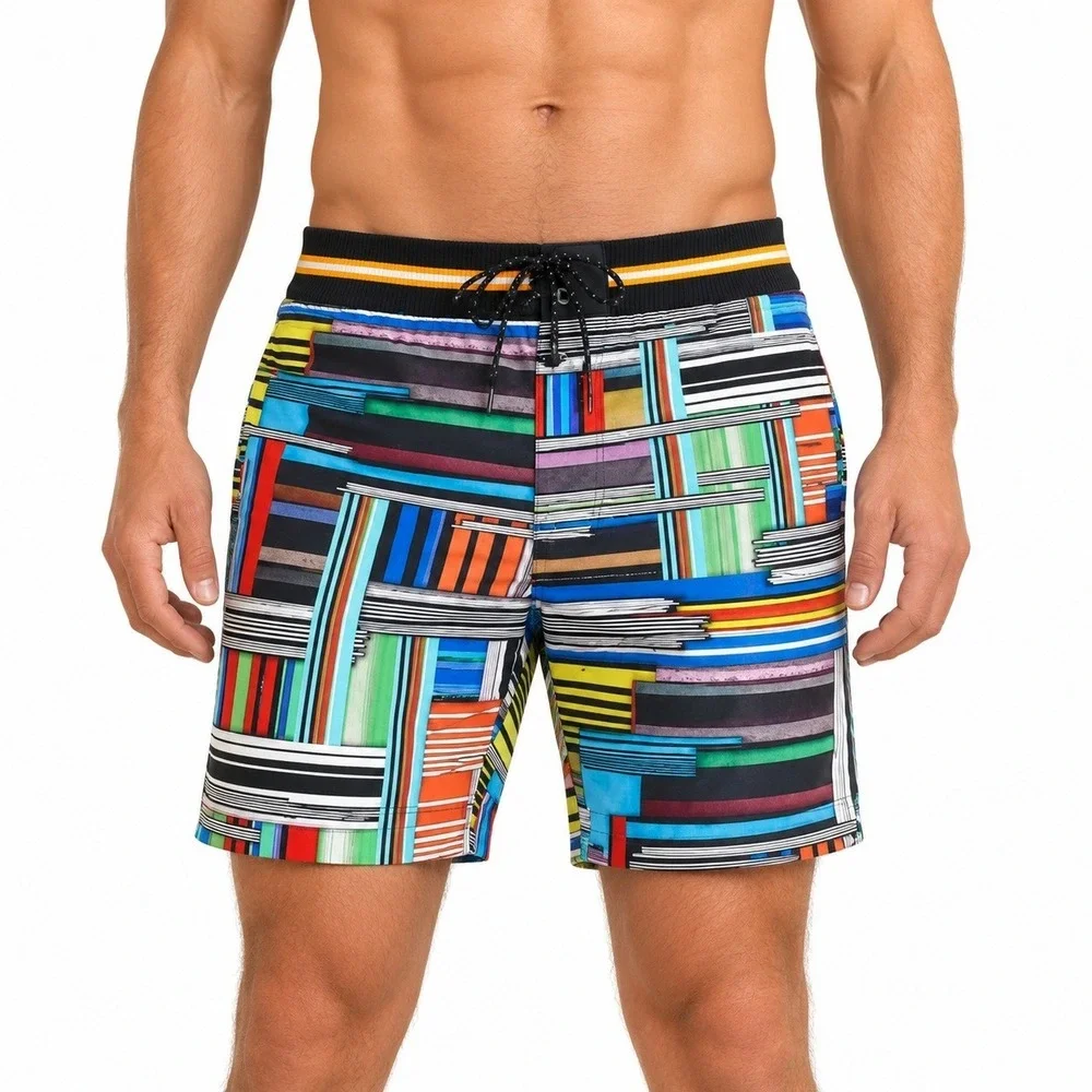 Robert Graham Swim Trunks Men 36 Multi Color Beach Edgy Stripe Skull Classic Fit